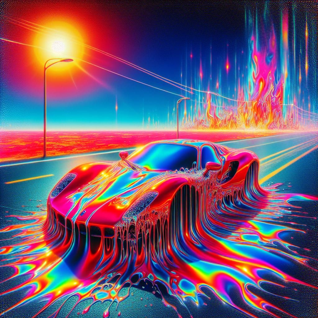 Surreal Melting Sports Car in Vaporwave Style
