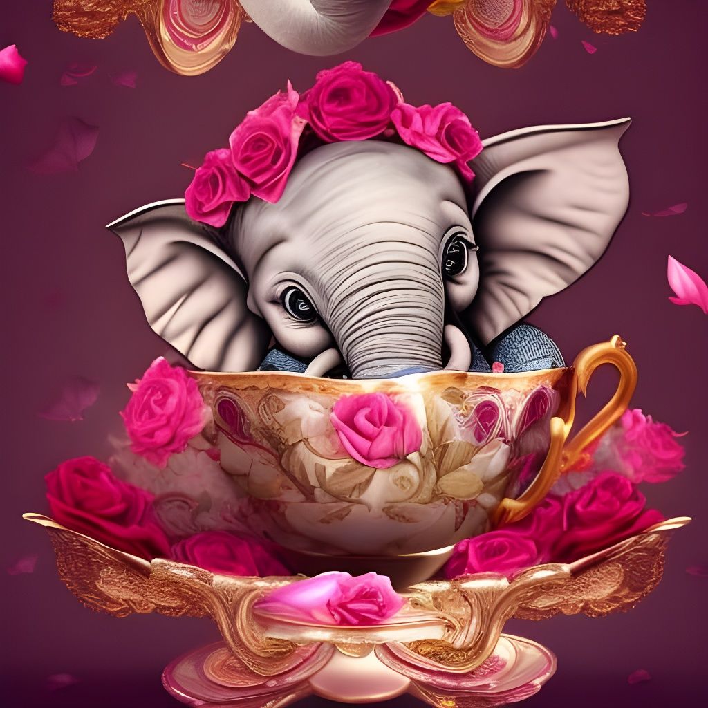 Cute Elephant in Teacup with Rose Petals