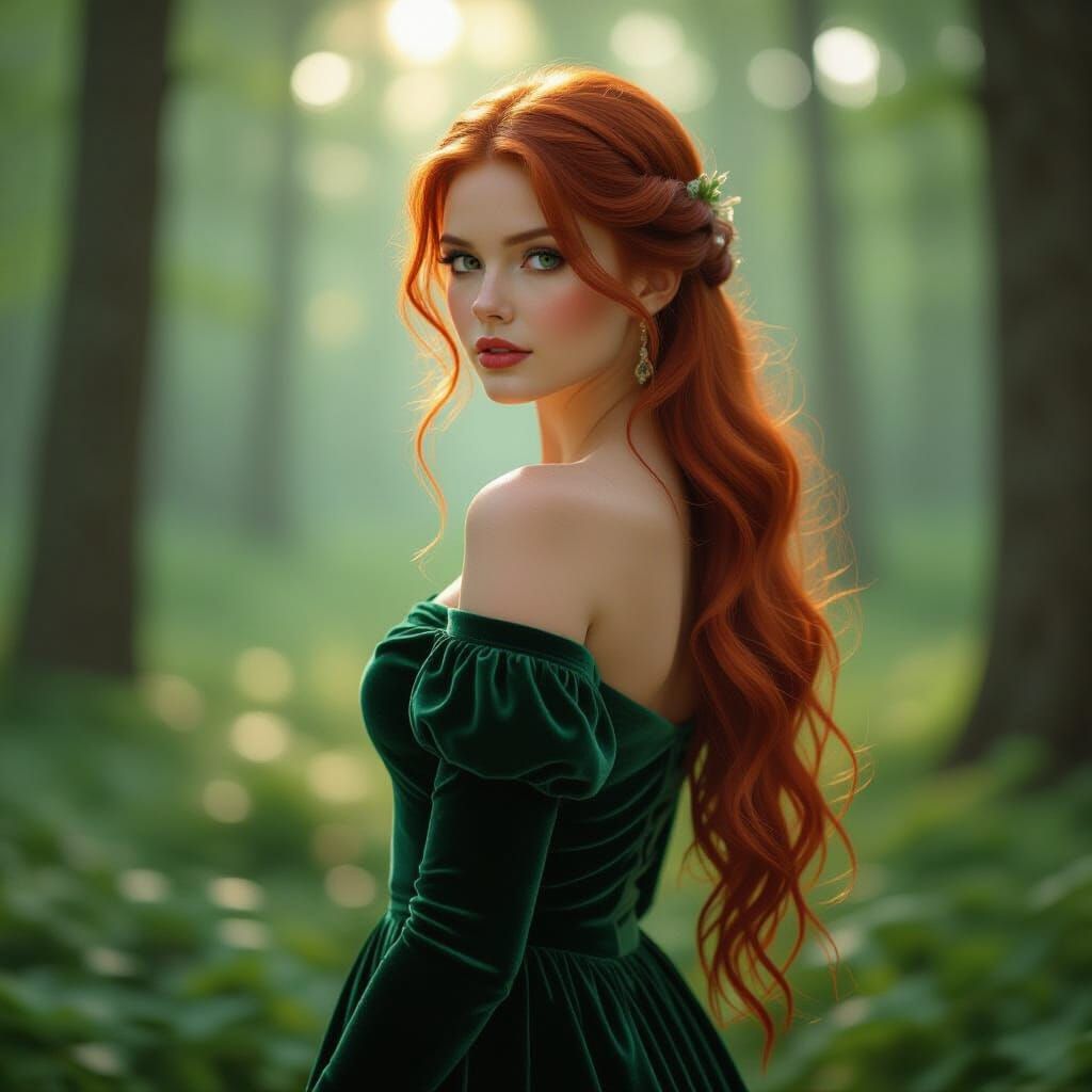 portrait of a magical maiden with long flowing red hair, wearing green velour draped off-shoulder dress, looking over sh...