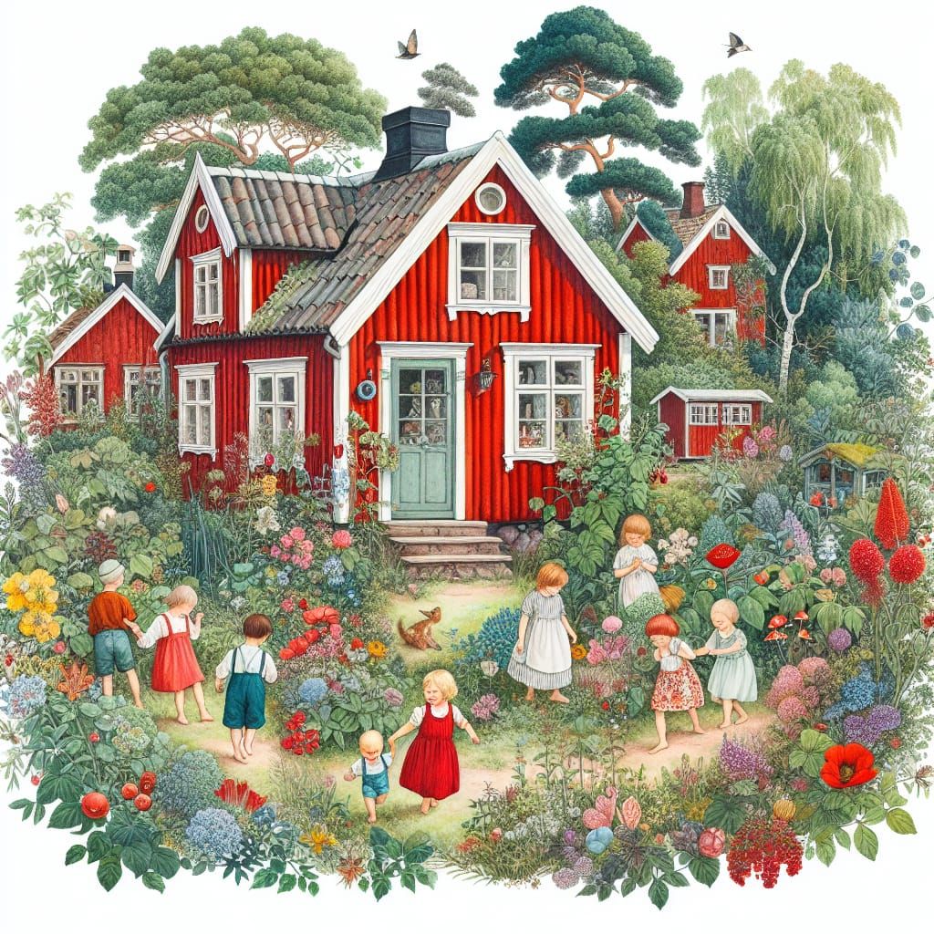 Charming Swedish Summer House with Children, in Watercolor S...