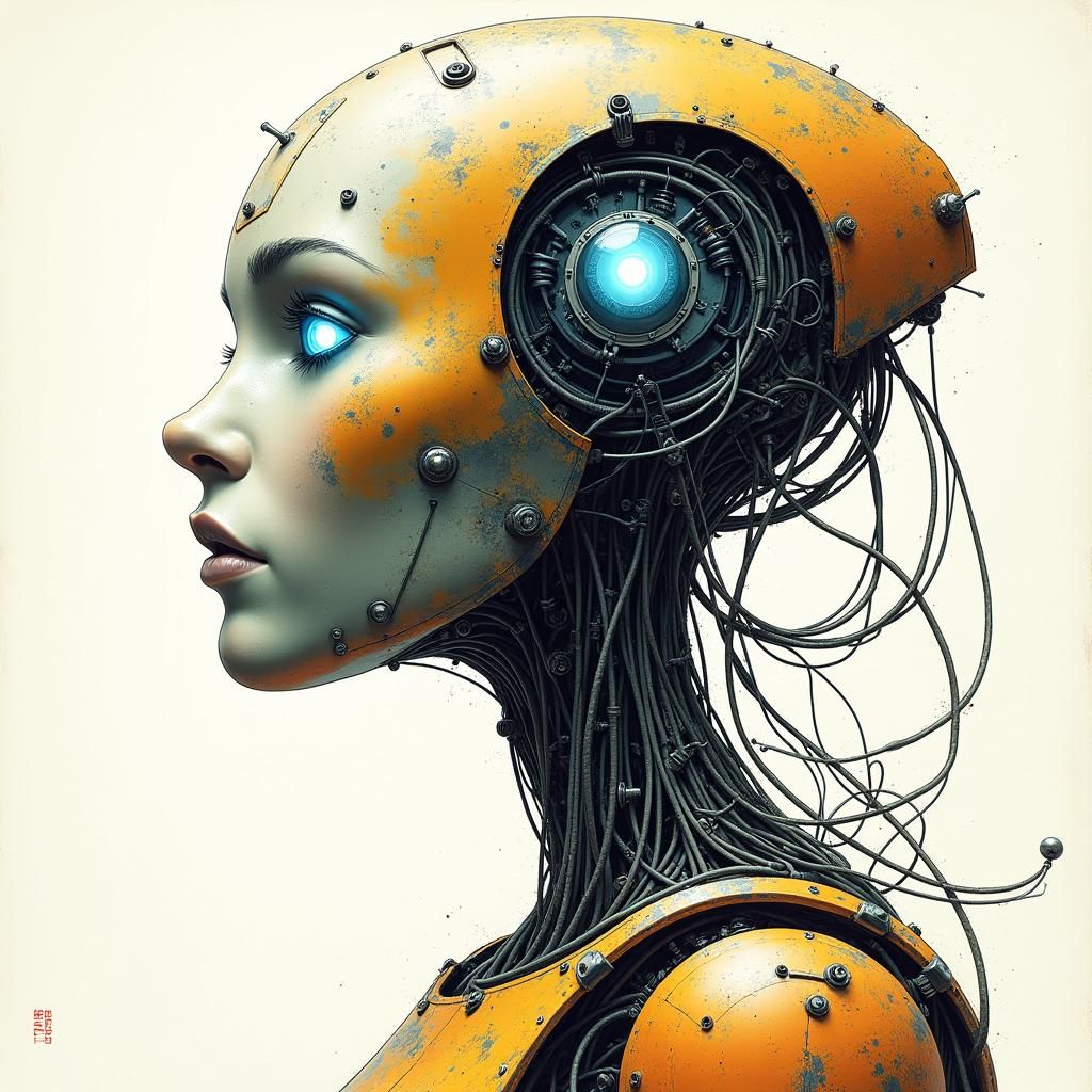 Robot Head in Vibrant Futuristic Drawing Style