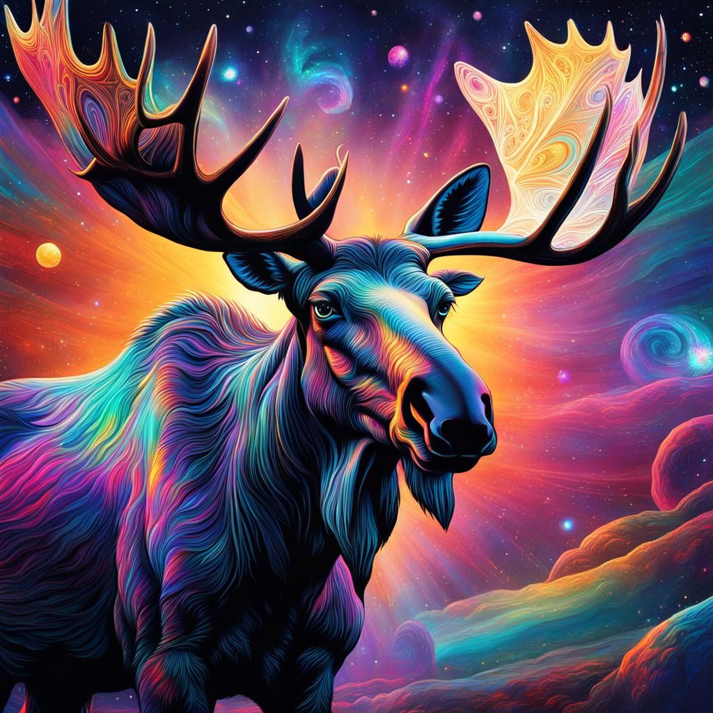 Holographic Astral Moose Illustration in Mixed Media