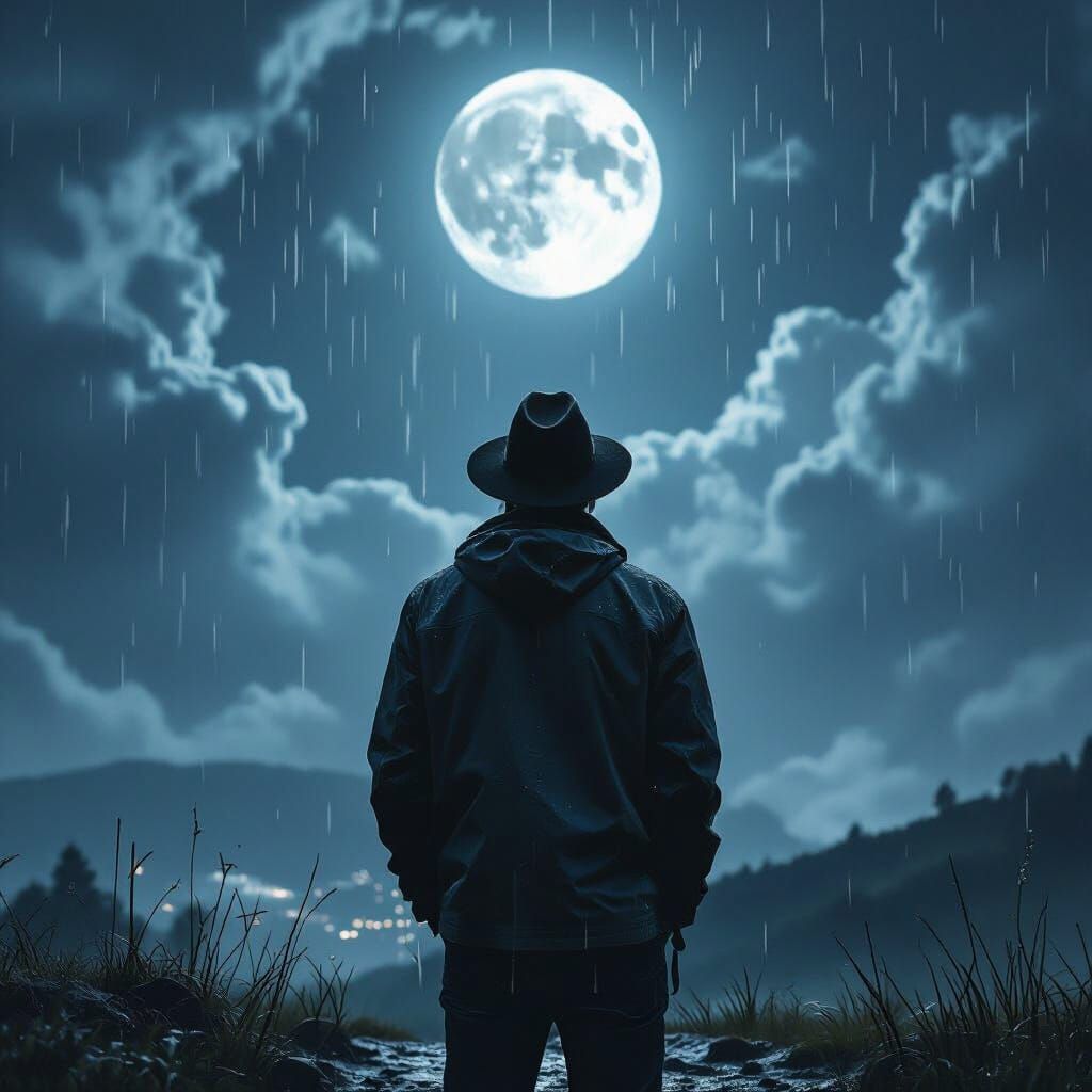 Man Gazing at Moonlit Rainy Hilltop in Matte Painting Style