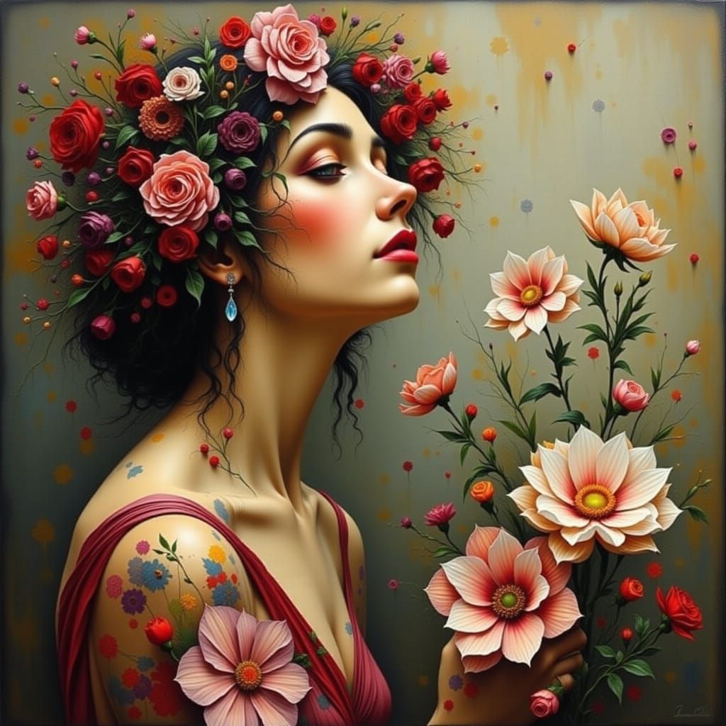 Woman Smelling Flowers in Dreamy Digital Portrait