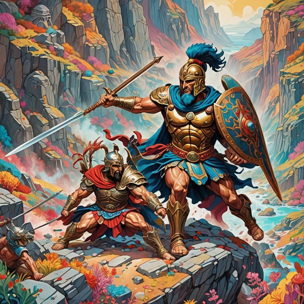 Spartan Warrior Battles Persian in Gouache Wonderland