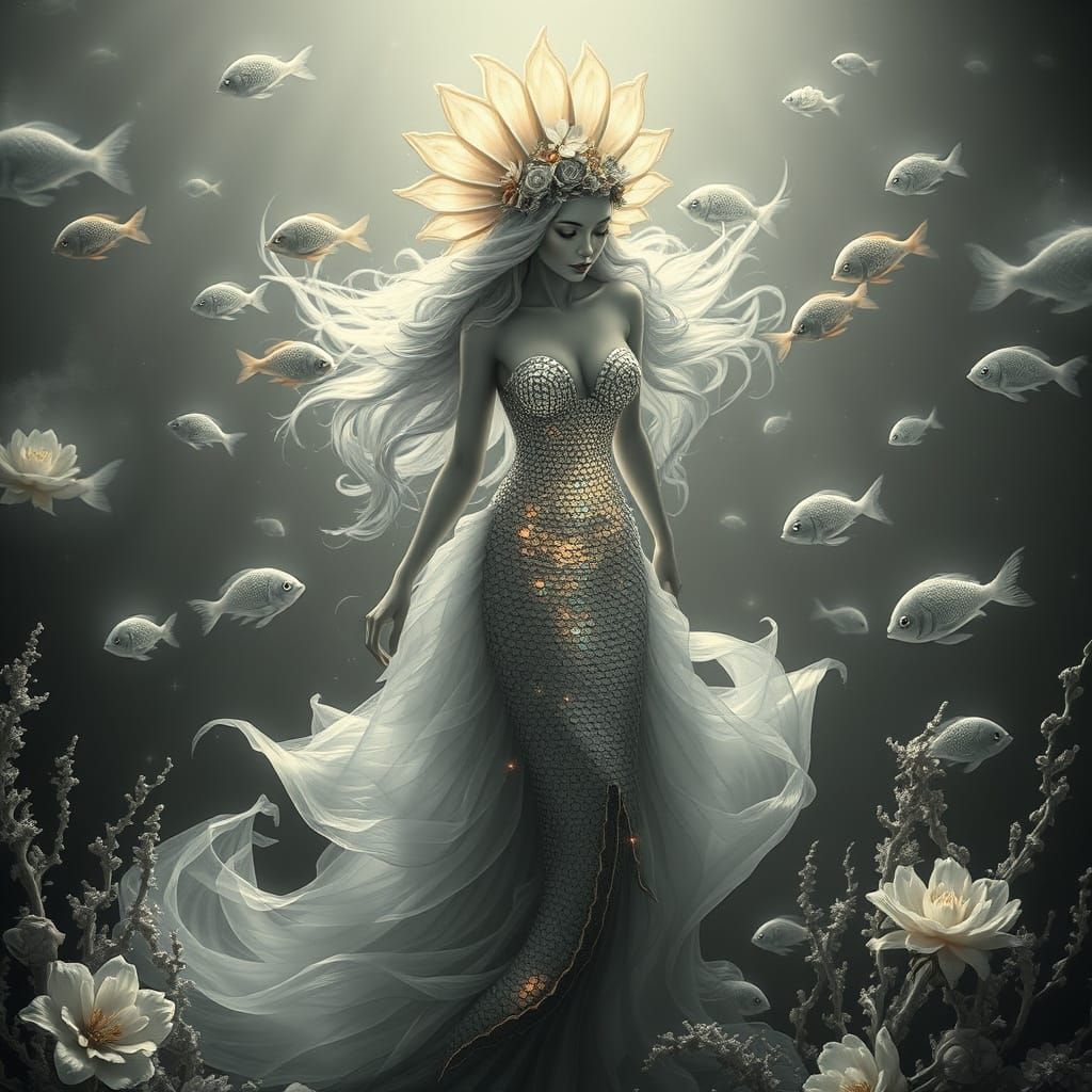 Surrealist Mermaid Dreamscape in Iridescent Style