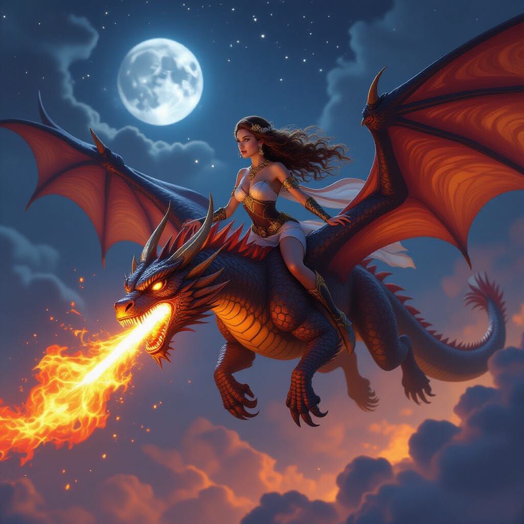 Goddess Rides Fire Dragon in Mystical Night Sky
