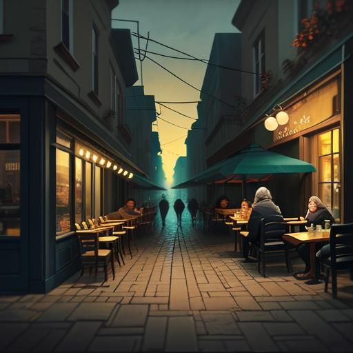 Cafe Scene at Night in Oil Painting Style