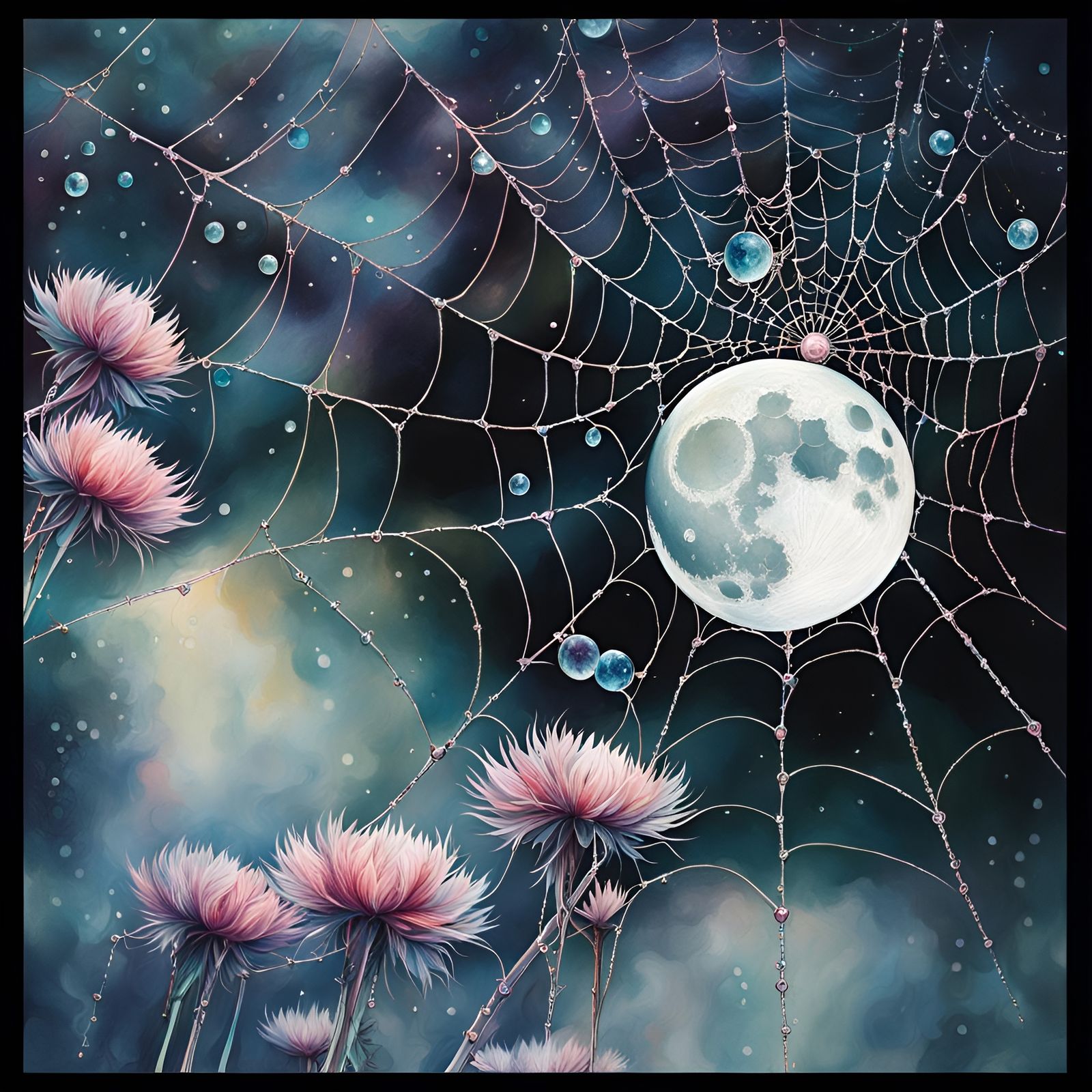 Moon Through Spiderweb in Art Brut Style