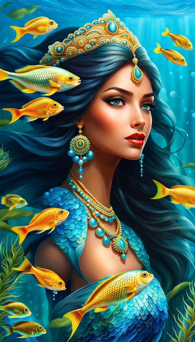 Beautiful Mermaid Swimming Underwater with Detailed Tail