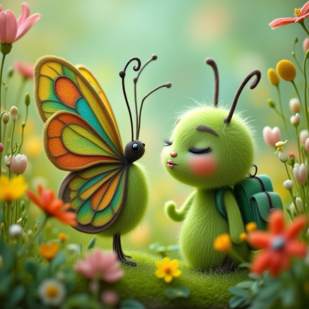 Woolen Caterpillar and Butterfly in Cartoon Style