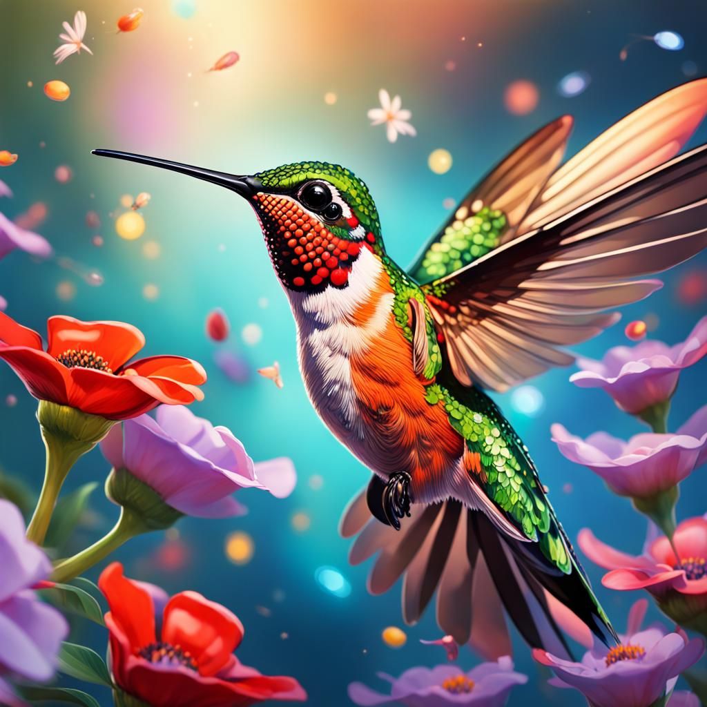 Hummingbird in a Burst of Colorful Light
