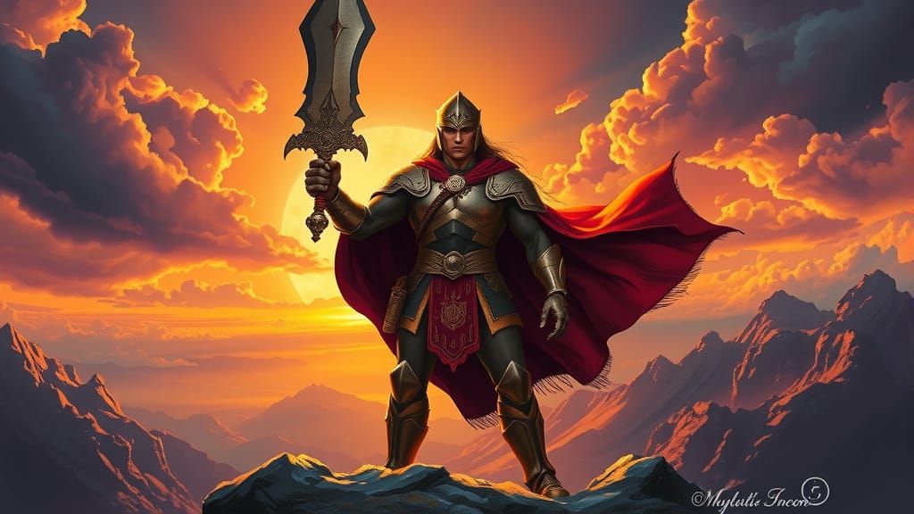 Mighty Champion Hero at Sunrise in Mystical Landscape