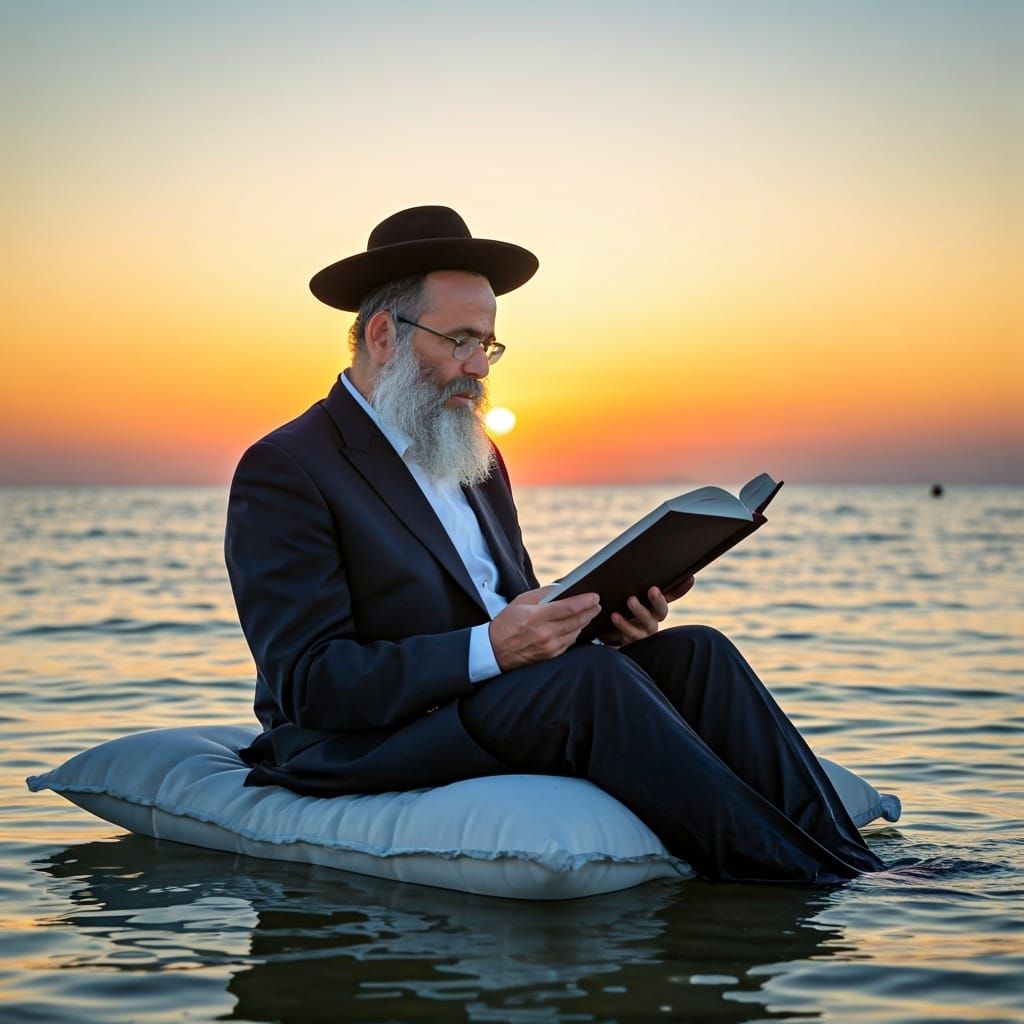 Hasidic Man Reads at Sunset on the Sea