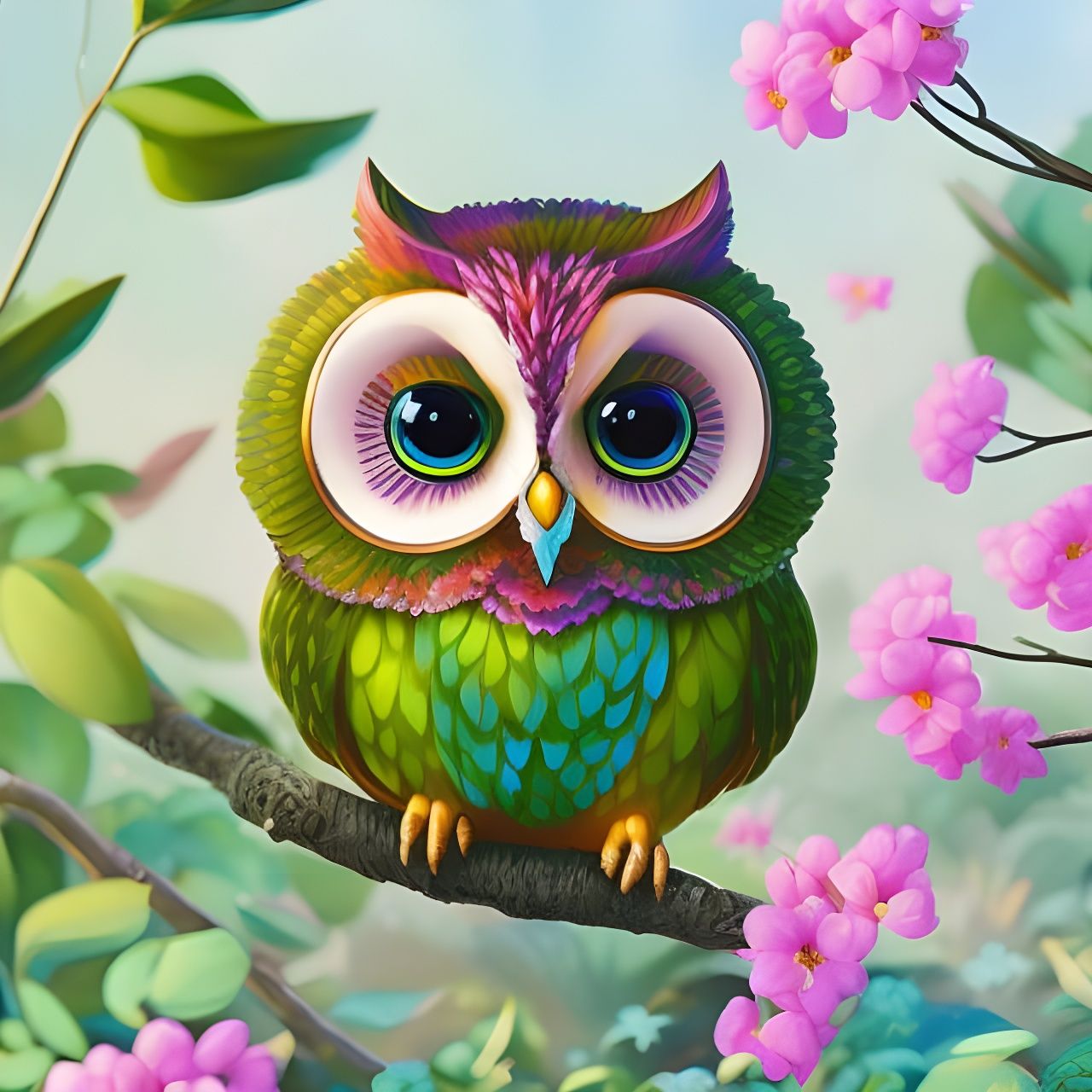 Detailed  beautiful owl,  embossed, brush stroked feathers, beautiful symmetrical realistic eyes, Chibi kawaii,  surroun...