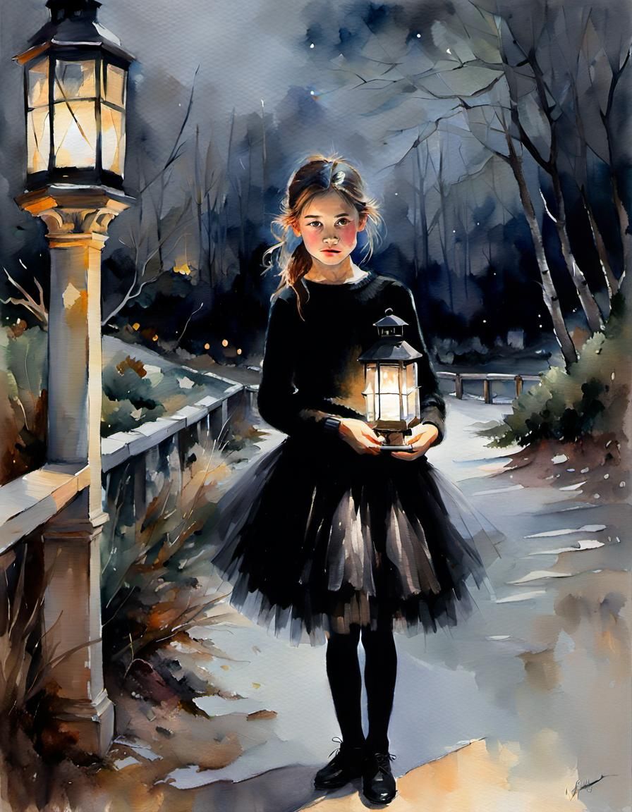 Girl with Lantern in Watercolor Landscape
