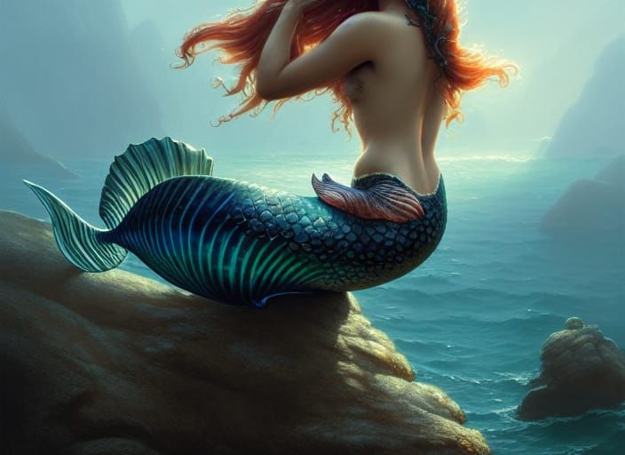 Detailed Mermaid Portrait on Ocean Rock