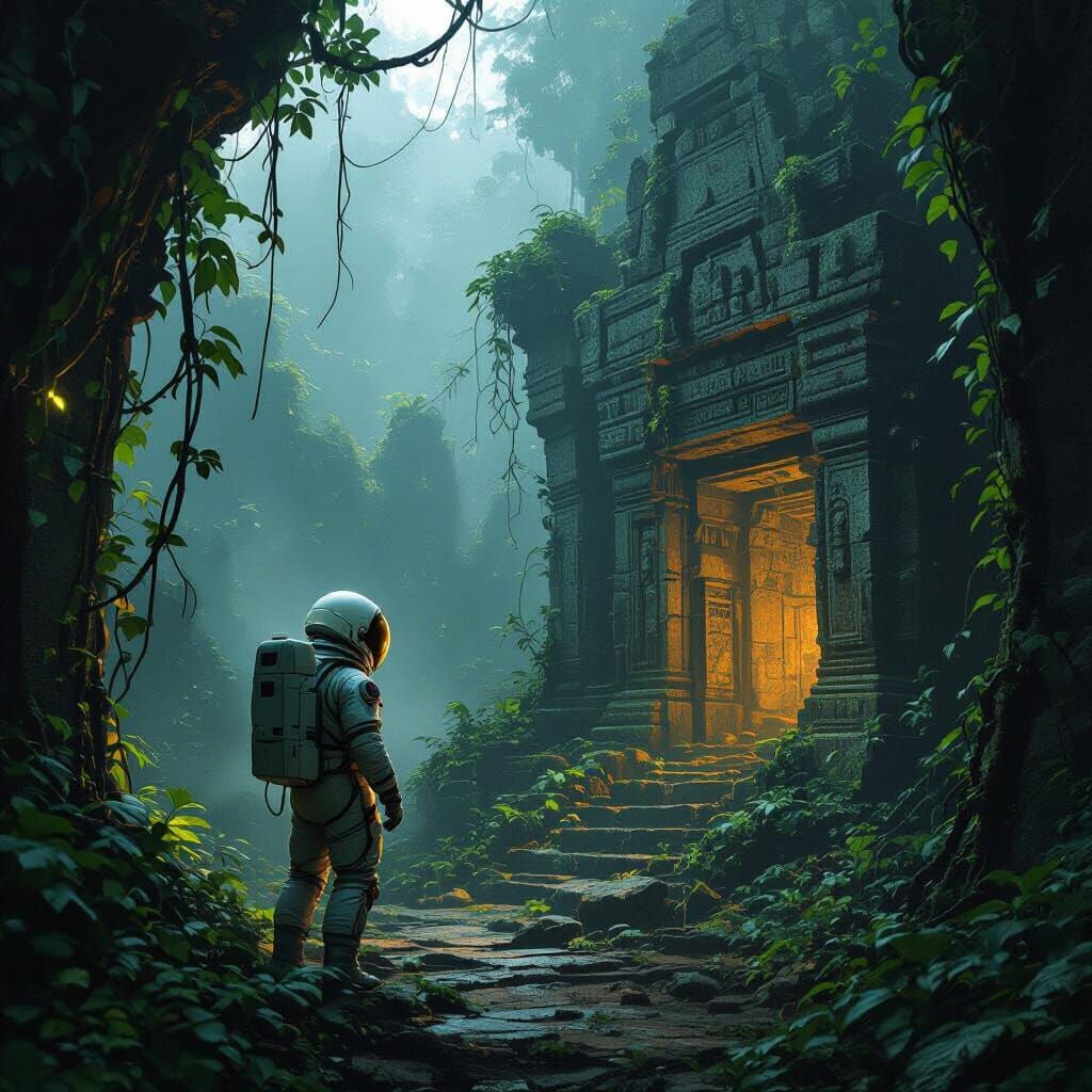 Astronaut Discovering Ancient Jungle Temple Ruins