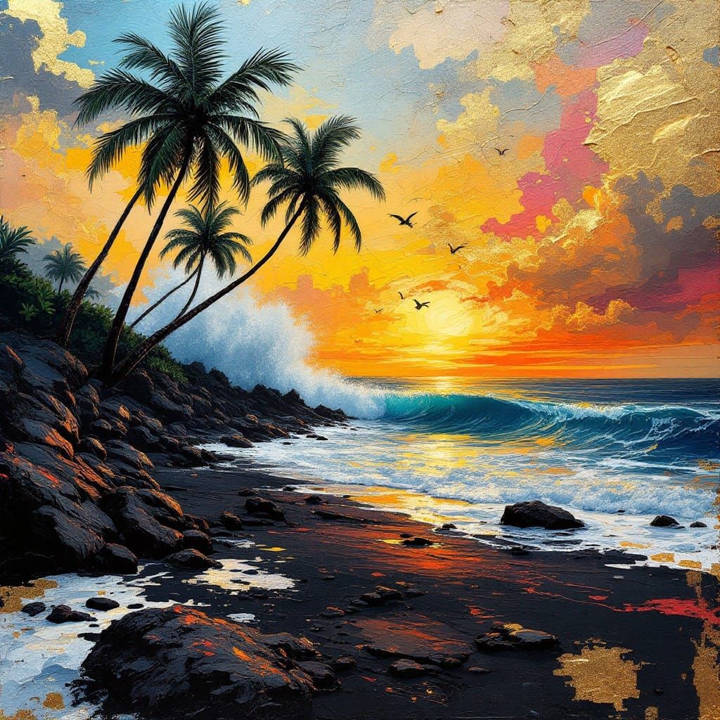 Tropical Sunset Collage in Abstract Expressionist Style