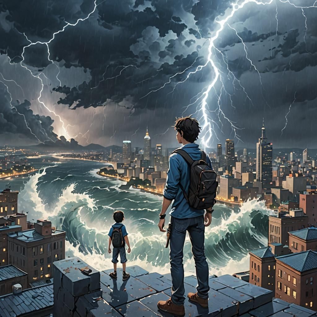 Boy on Rooftop Facing Giant Wave