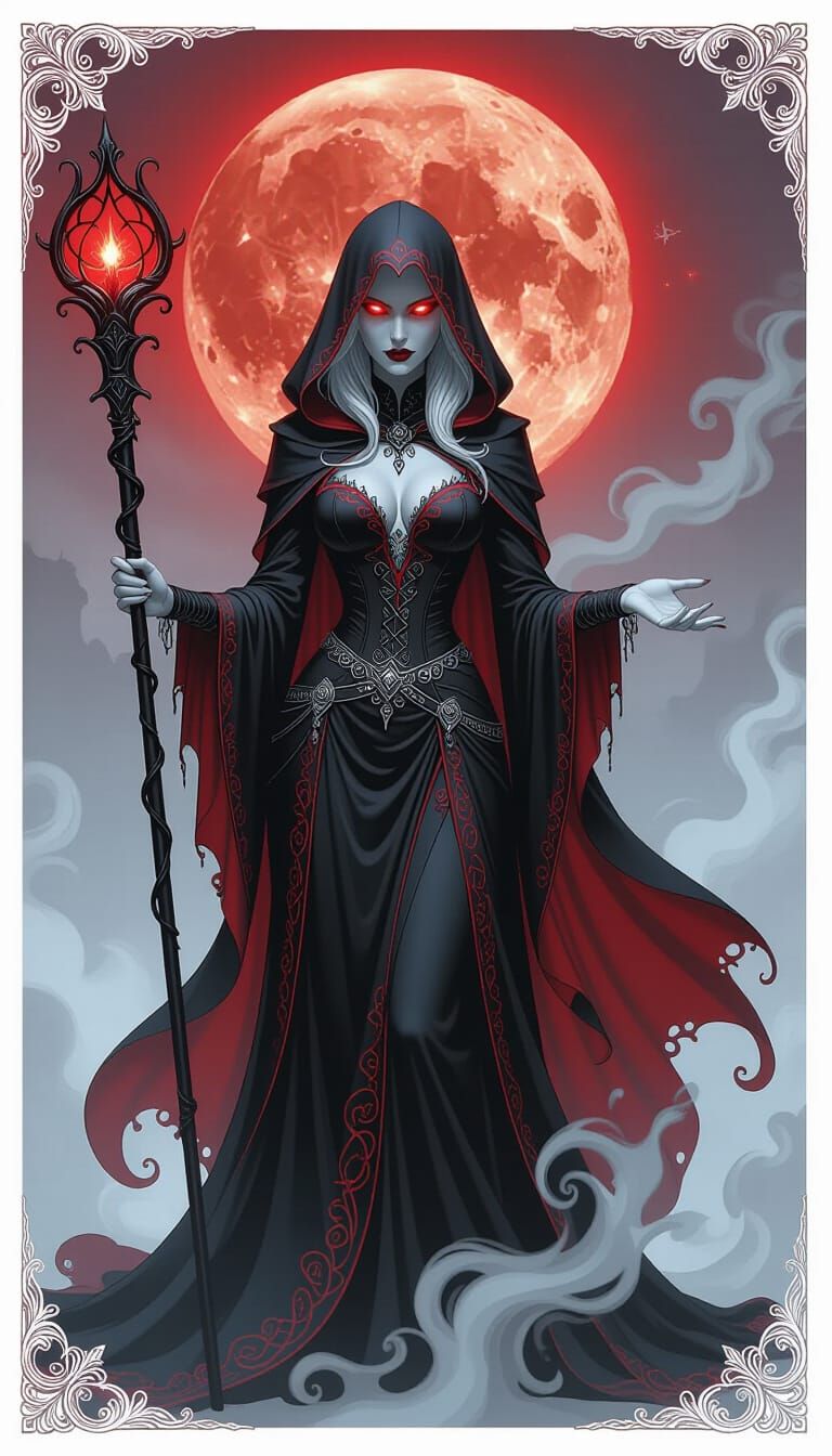 Mysterious Enchantress Beneath Crimson Moon in Dark Fantasy ...
