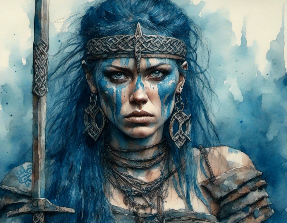 Pictish Celtic Warrior Woman with Blue Tattoos