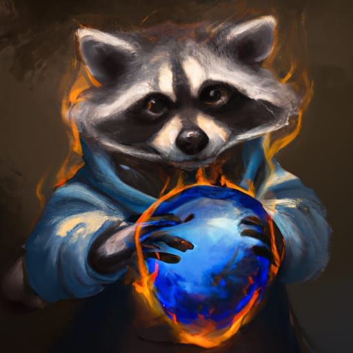 Raccoon Mage Holding a Sphere of Blue Fire