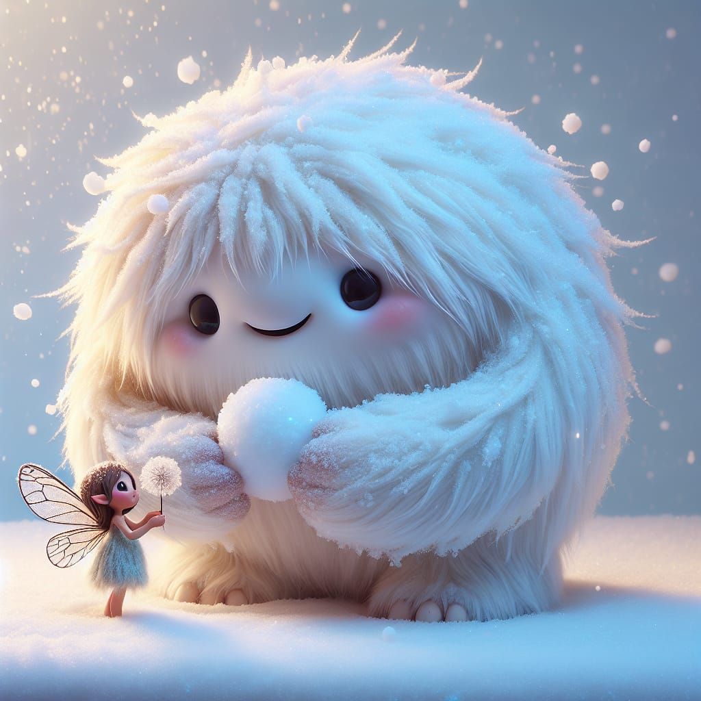 Gentle Snow Monster Protecting Tiny Fairy