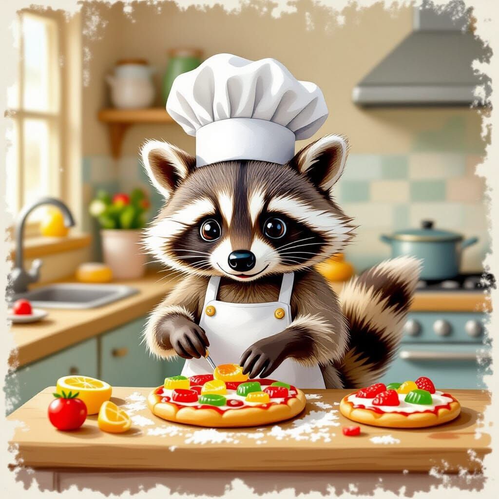 Raccoon Chef Crafting Gummy Pizza, Whimsical Style