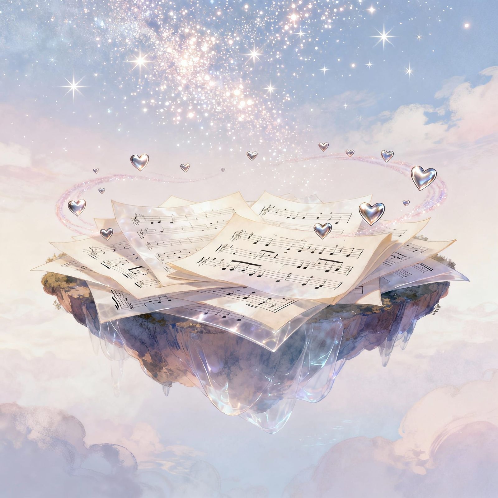 Floating Island of Sheet Music with Hearts