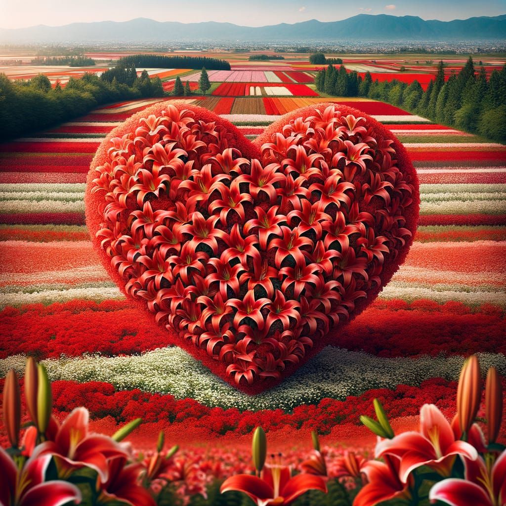 Floral Heart of Red Lilies Over Flower Field