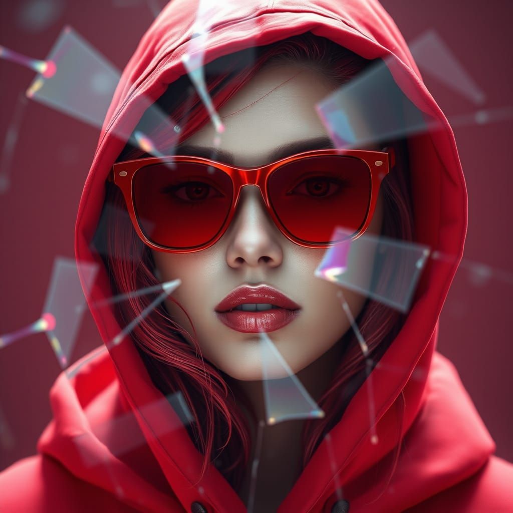 Digital Art of a Woman in Red Hoodie and Sunglasses