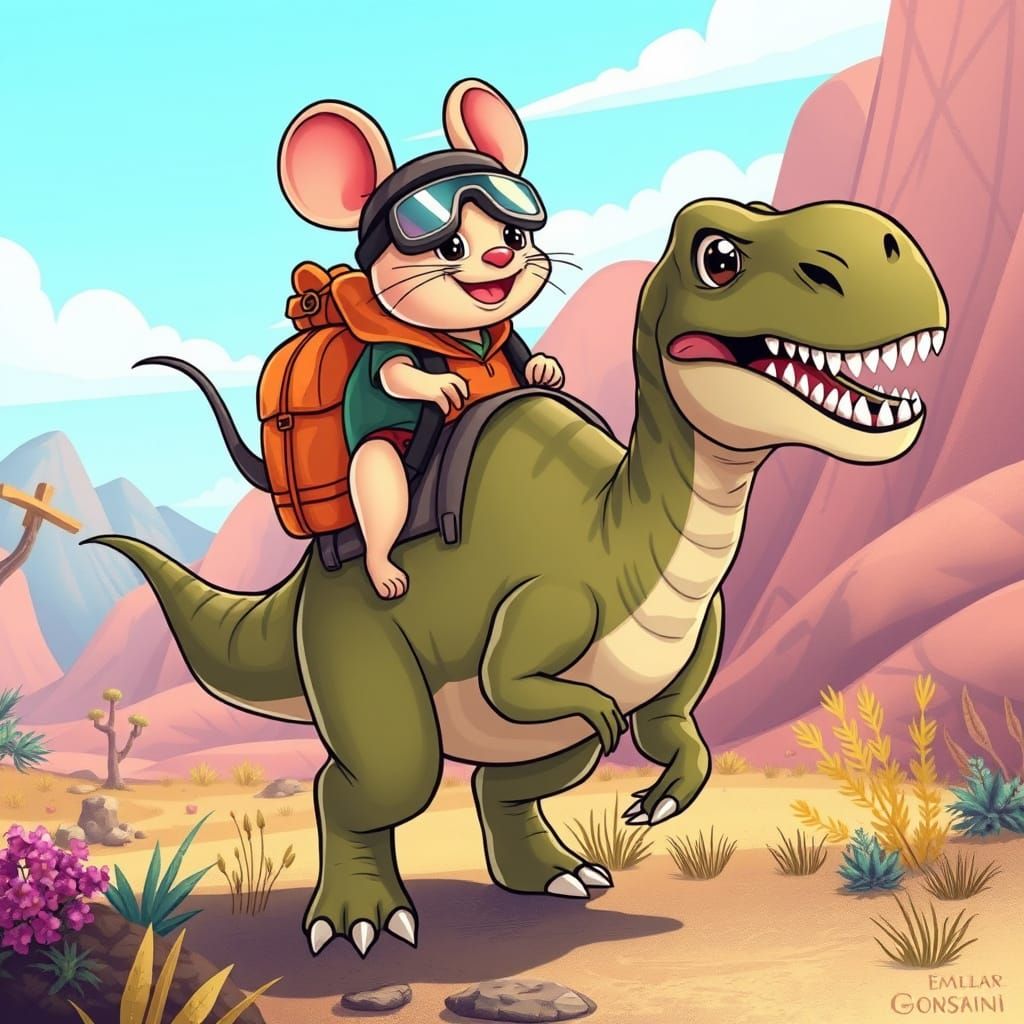 Mouse Rides Dinosaur in Whimsical Cartoon Style