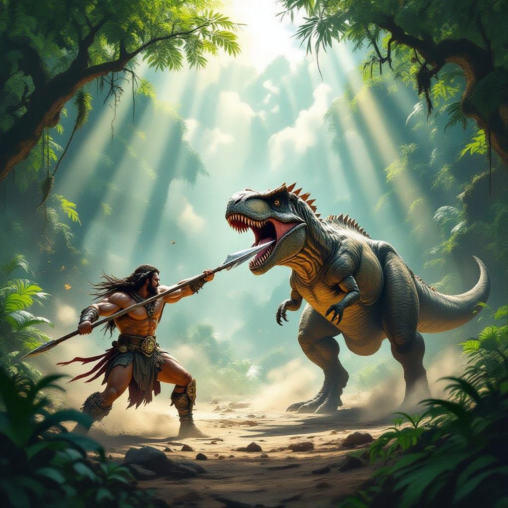 Warrior Battles Tyrannosaurus Rex in Prehistoric Jungle