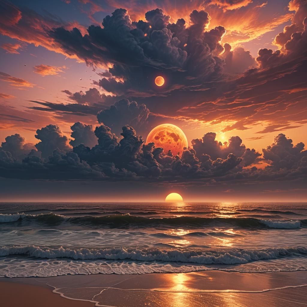 Alien Beach Sunset with Double Suns: Digital Matte Painting