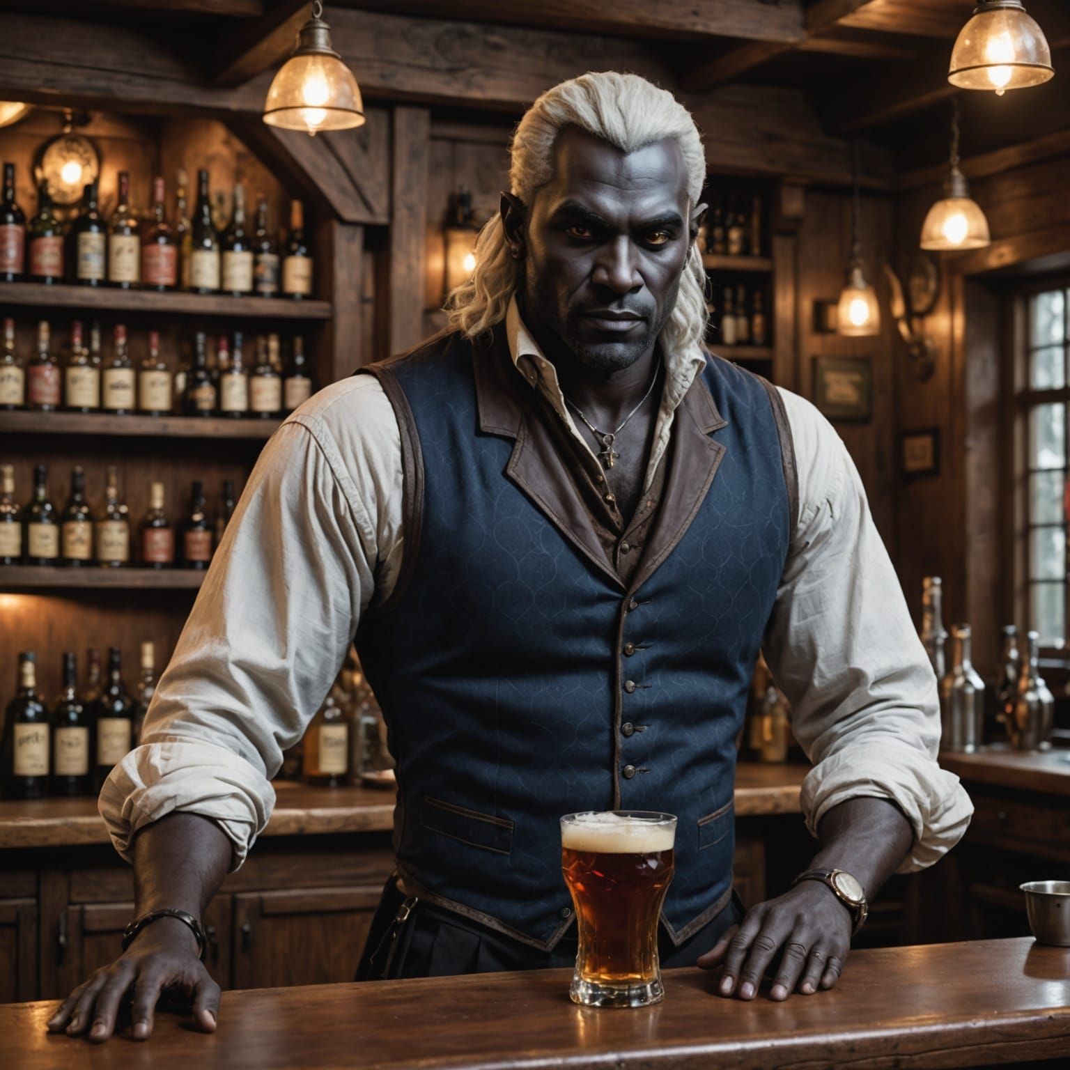 Burly Drow Bartender in a Tavern Scene