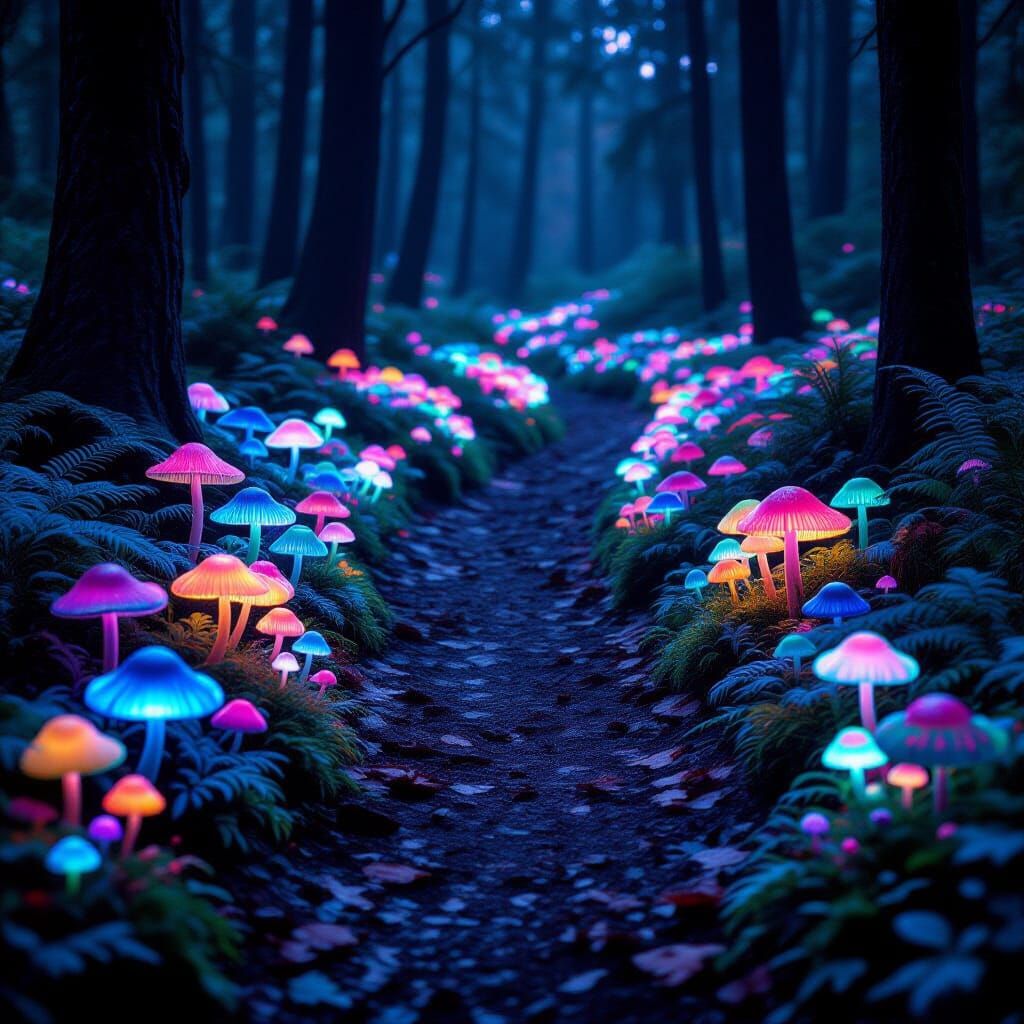 Bioluminescent Mushroom Path in Dark Forest at Night