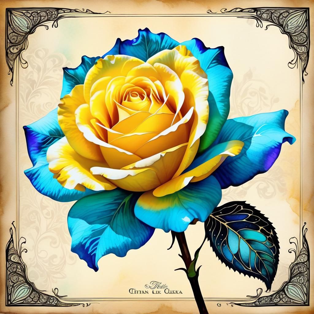 Tiffany Blue Rose with Dew in Watercolor Style