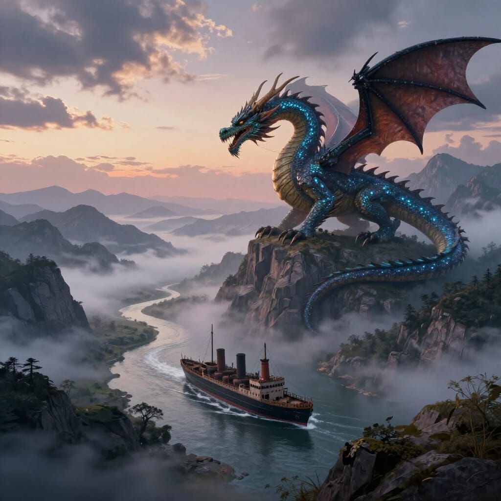 Ancient Dragon Surveys Misty Valley At Twilight