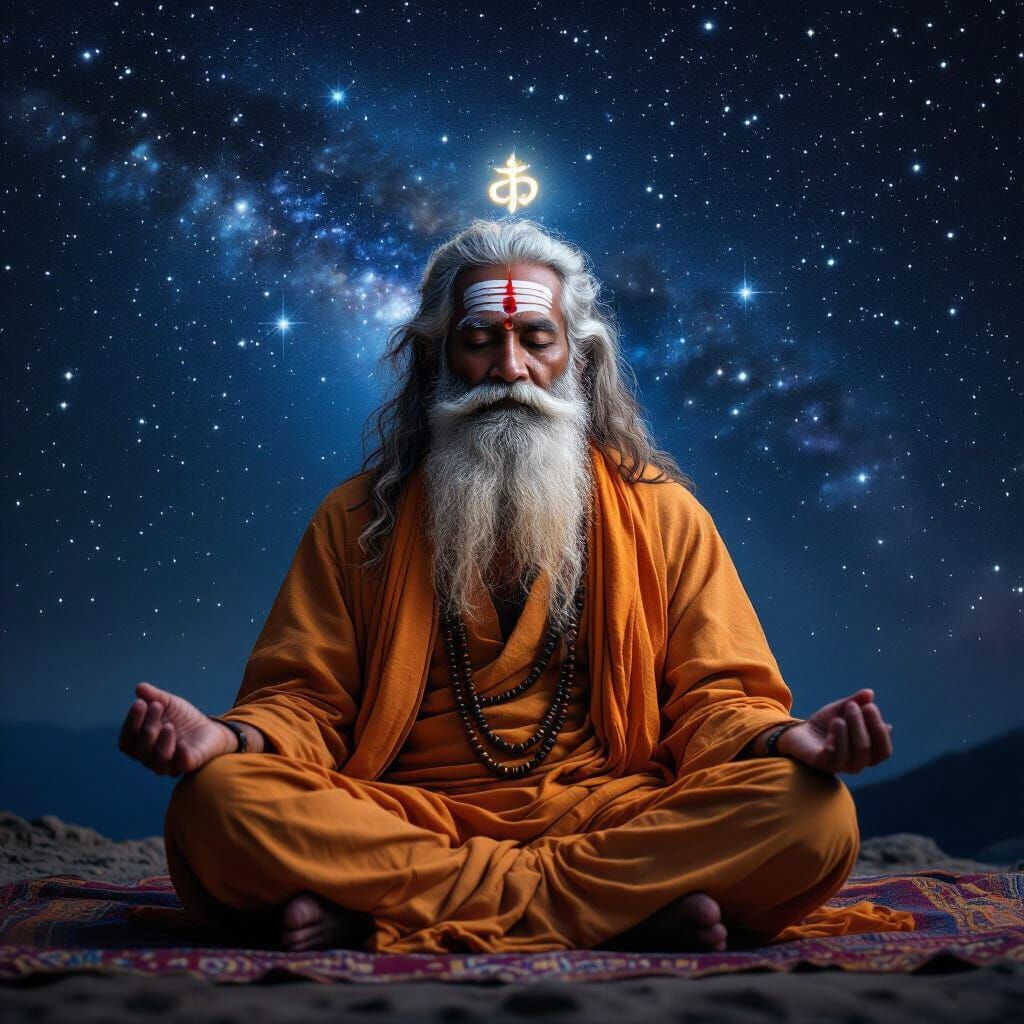 Sadhu Meditating in Starry Universe with Divine Light