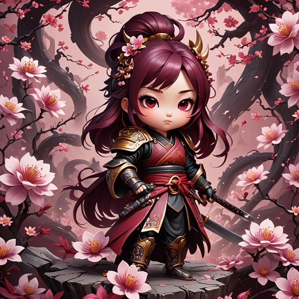 Samurai Chibi Girl in Gothic Dark Fantasy Style