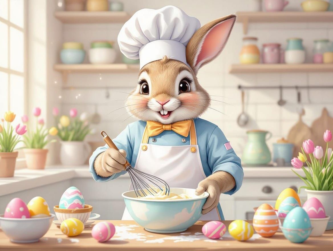 Whimsical Easter Bunny Chef in Watercolor Kitchen