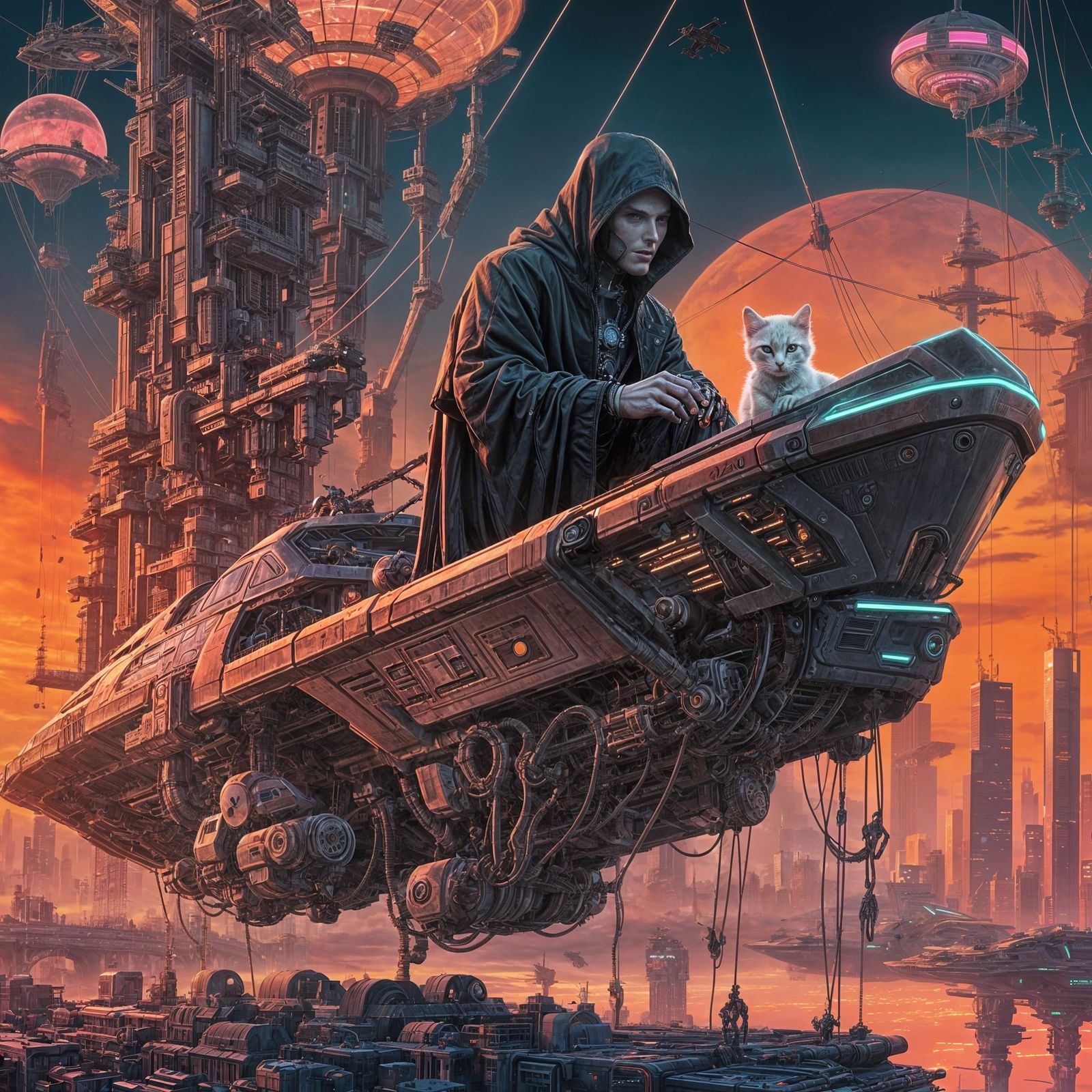 Cyborg Grim Reaper and Kitten Soaring Over Cyberpunk City
