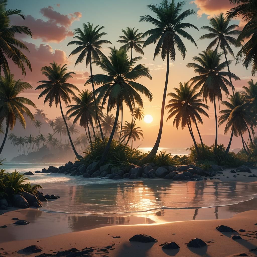Fantasy Beach Sunrise in Digital Matte Painting Style