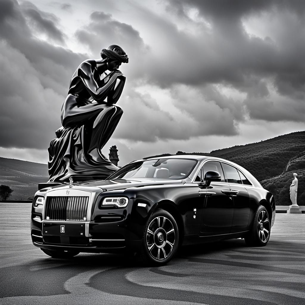 Rolls-Royce and Thinker Statue in Glitch Art Style