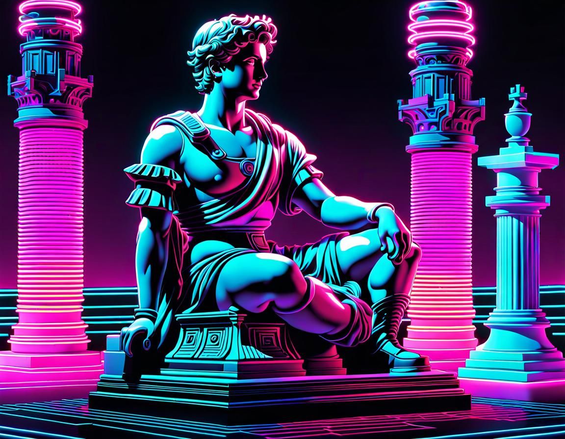 Vaporwave Roman Statue in Neon Pixel Art