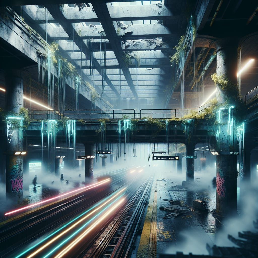 Forgotten Transit Station Reclaimed by Neon Overgrowth
