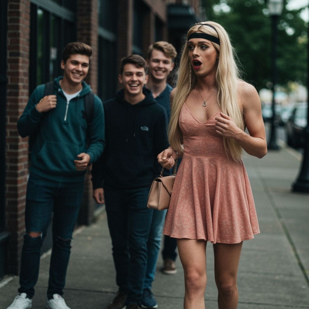 Young Man Crossdressing on Sidewalk with Apprehension