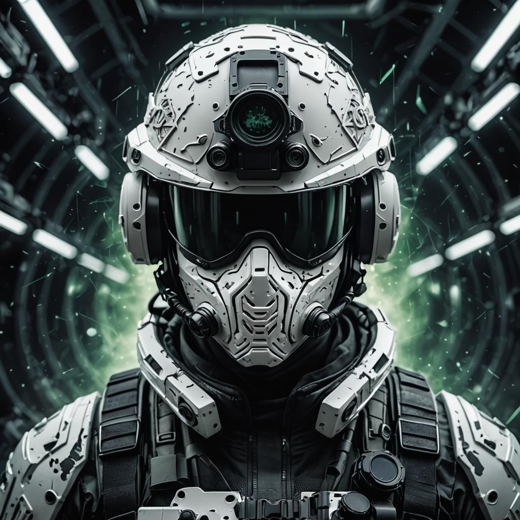 Futuristic Soldier Portrait with Glowing Runes