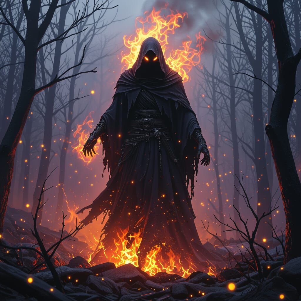 Ethereal Ember Figure in Dark Fantasy Forest